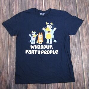 Bluey Shirt Mens Large Navy Whaddup Party People Cartoon Graphic Tee Crewneck